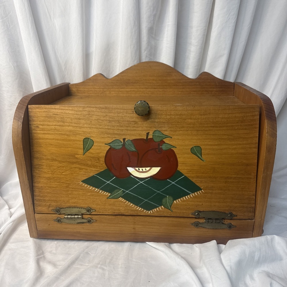Vintage Country Wooden Bread Box Hand Painted Apple Plaid Farmhouse Bin